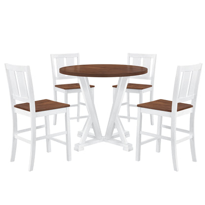 TOPMAX Rustic Farmhouse 5-Piece Counter Height Dining Table Set, Round Kitchen set with 4 Dining Chairs and Thick Tabletop, Brown