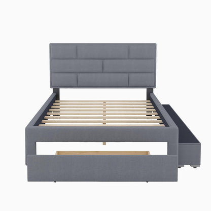 Full Size Linen Upholstered Platform Bed With a Drawer and Storage Shelves,Gray