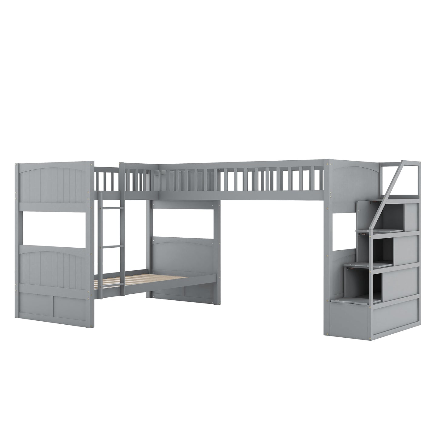 Twin over Twin Wooden L-Shaped Bunk Bed with Ladder and Stairway,Grey(OLD SKU:SM000303AAE-1)