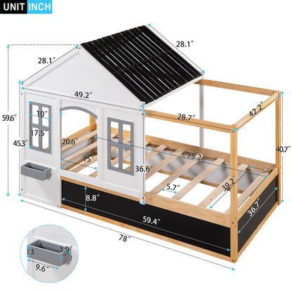 Twin Size House Shaped Canopy Bed with Black Roof and White Window,Blackboard and Little Shelf,White