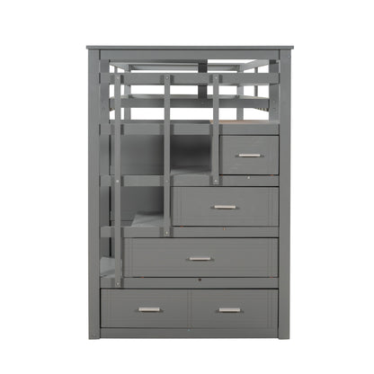 Solid Wood Bunk Bed, Hardwood Twin Over Twin Bunk Bed with Trundle and Staircase, Natural Gray Finish(Old SKU: LP000068AAE)