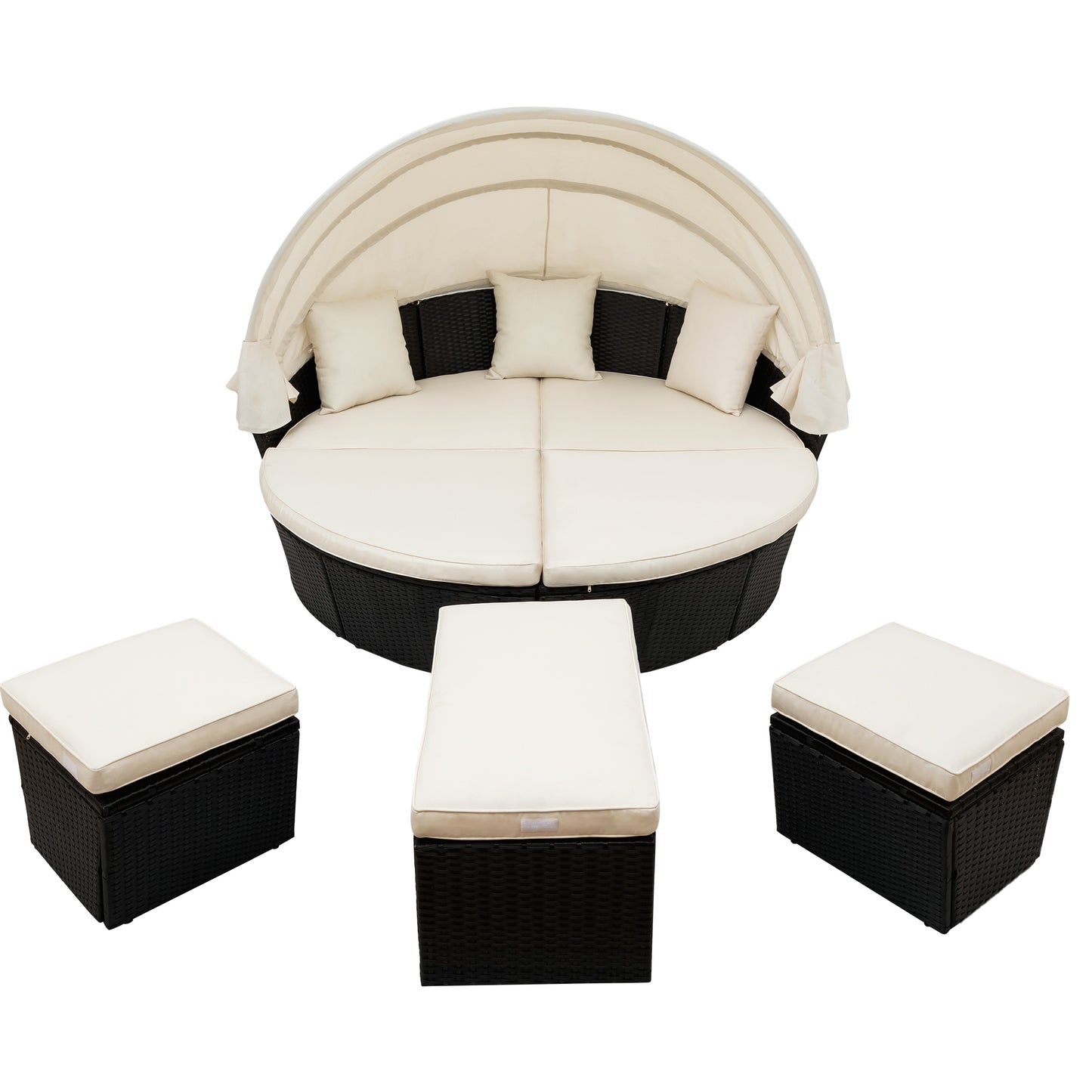 Outdoor rattan daybed sunbed with Retractable Canopy Wicker Furniture, Round Outdoor Sectional Sofa Set, black Wicker Furniture Clamshell  Seating with Washable Cushions, Backyard, Porch, Beige.