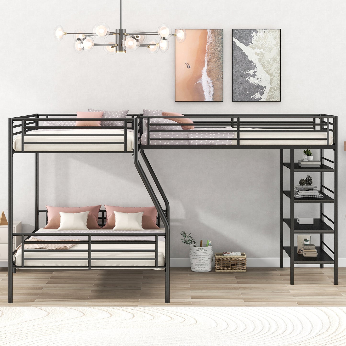 L-Shaped Metal Twin over Full Bunk Bed and Twin Size Loft Bed with Four Built-in Shelves,Black