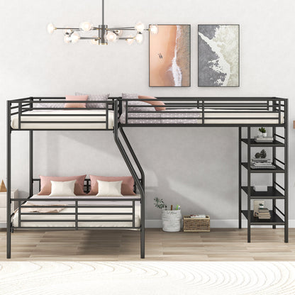 L-Shaped Metal Twin over Full Bunk Bed and Twin Size Loft Bed with Four Built-in Shelves,Black