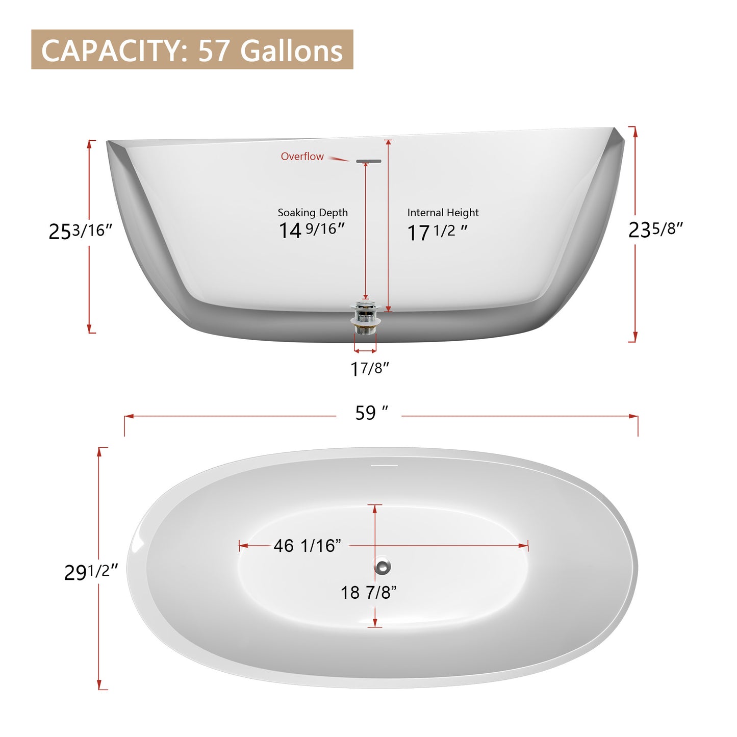 59" Acrylic Free Standing Tub - Classic Oval Shape Soaking Tub, Adjustable Freestanding Bathtub with Integrated Slotted Overflow and Chrome Pop-up Drain Anti-clogging Gloss White