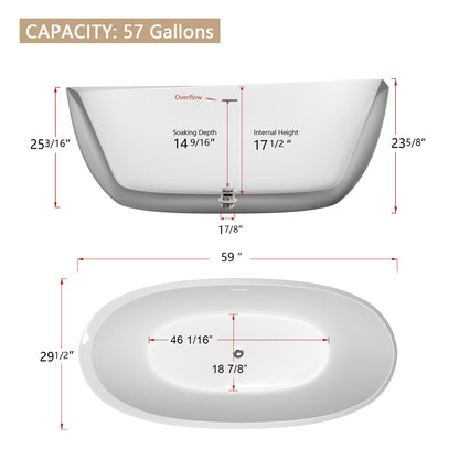 59" Acrylic Free Standing Tub - Classic Oval Shape Soaking Tub, Adjustable Freestanding Bathtub with Integrated Slotted Overflow and Chrome Pop-up Drain Anti-clogging Gloss White