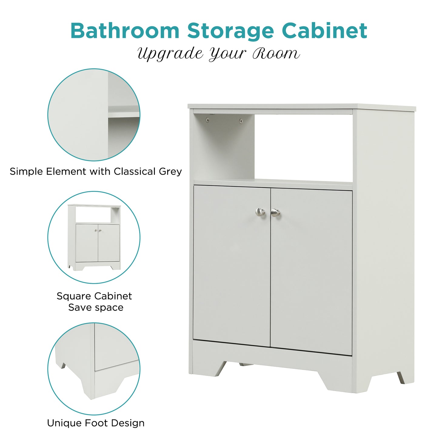 Grey Bathroom Storage Cabinet with Adjustable Shelves, Freestanding Floor Cabinet for Home Kitchen, Easy to Assemble