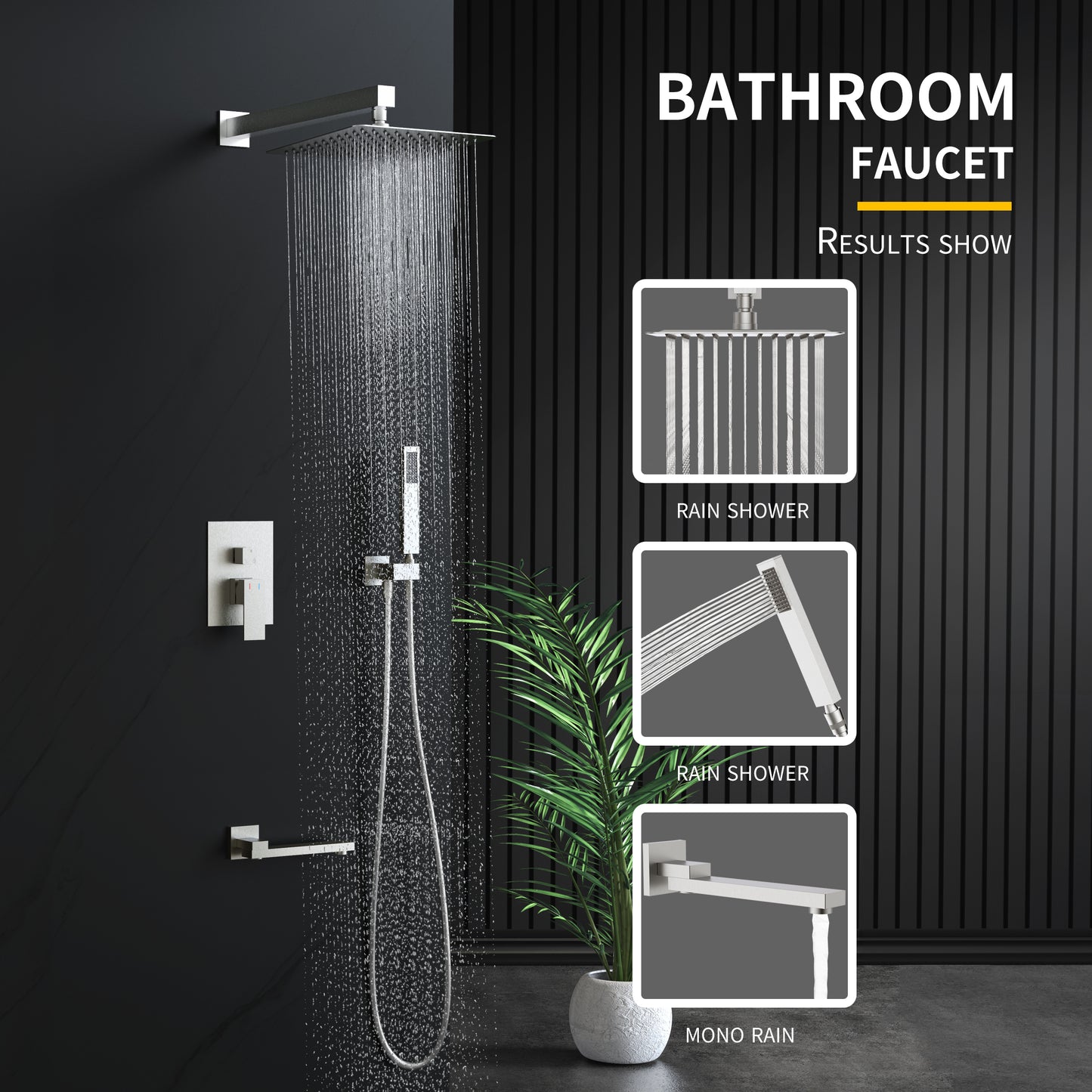 Shower System, Ultra-thin Wall Mounted Shower Faucet Set for Bathroom, Stainless Steel Rain Shower head Handheld Shower Set, 12 inch square large panel, Brushed Nickel