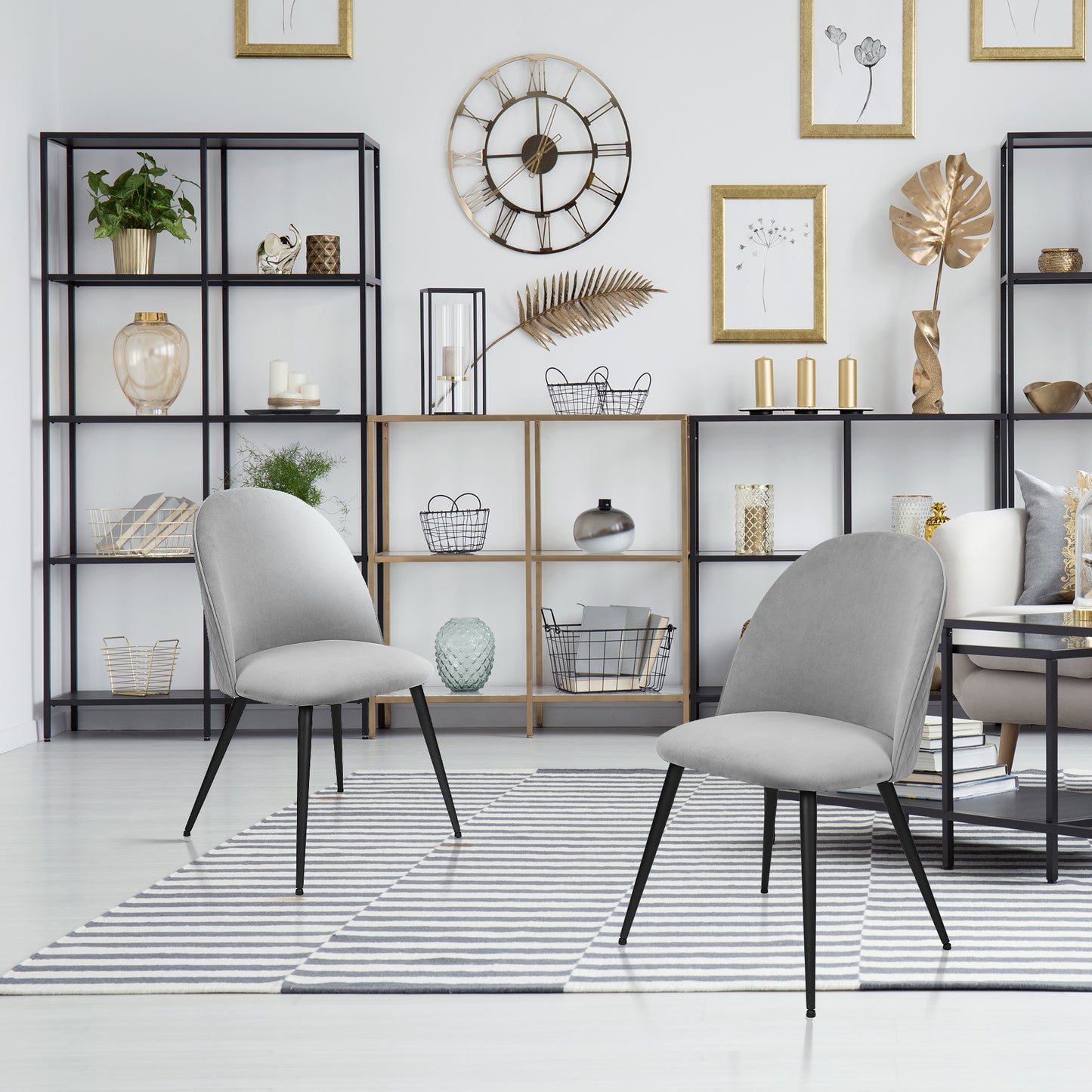 Dining Chair, Grey Velvet, Metal Black legs, Set of 2 Side Chairs