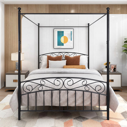 Metal Canopy Bed Frame with Ornate European Style Headboard & Footboard Sturdy Steel Holds 600lbs Perfectly Fits Your Mattress Easy DIY Assembly All Parts Included, Queen Black（same as W84034157）