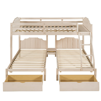 Full Over Twin & Twin Bunk Bed, Velvet Triple Bunk Bed with Drawers and Guardrails, Beige