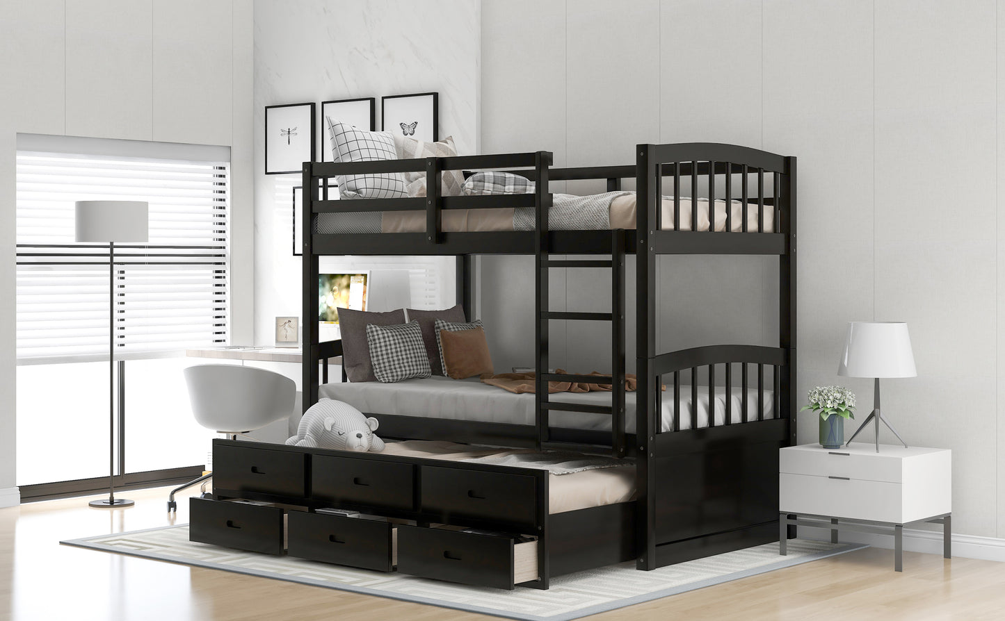 Twin over Twin Wood Bunk Bed with Trundle and Drawers, Espresso