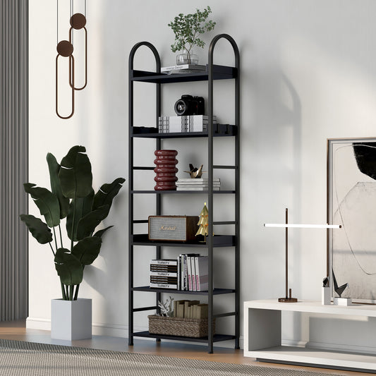 70.8 Inch Tall Bookshelf, 6-tier Shelves with Round Top Frame, MDF Boards, Adjustable Foot Pads, Black