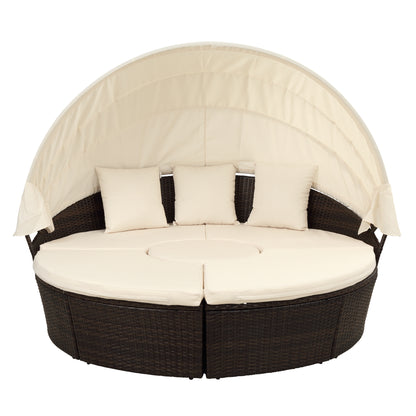 TOPMAX Patio Furniture Round Outdoor Sectional Sofa Set Rattan Daybed Sunbed with Retractable Canopy, Separate Seating and Removable Cushion (Beige)