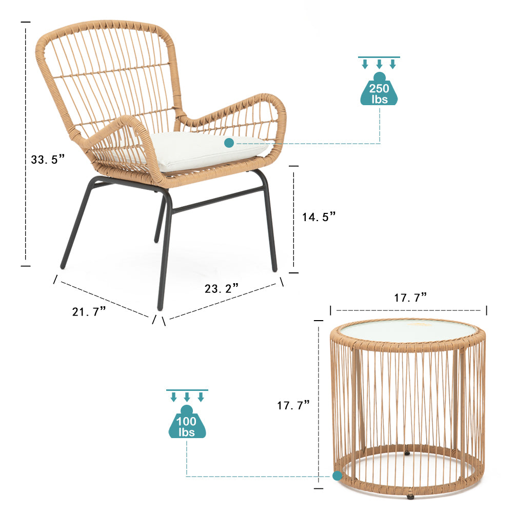 Balcony Furniture, 3 Piece Patio Set, Outdoor Wicker Chairs with Glass Top Table and Soft Cushion, Rattan Front Porch Furniture