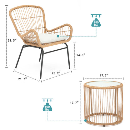 Balcony Furniture, 3 Piece Patio Set, Outdoor Wicker Chairs with Glass Top Table and Soft Cushion, Rattan Front Porch Furniture