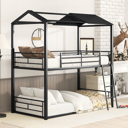 Twin Over Twin Bunk Bed Metal Bed with Half Roof, Guardrail and Ladder Black