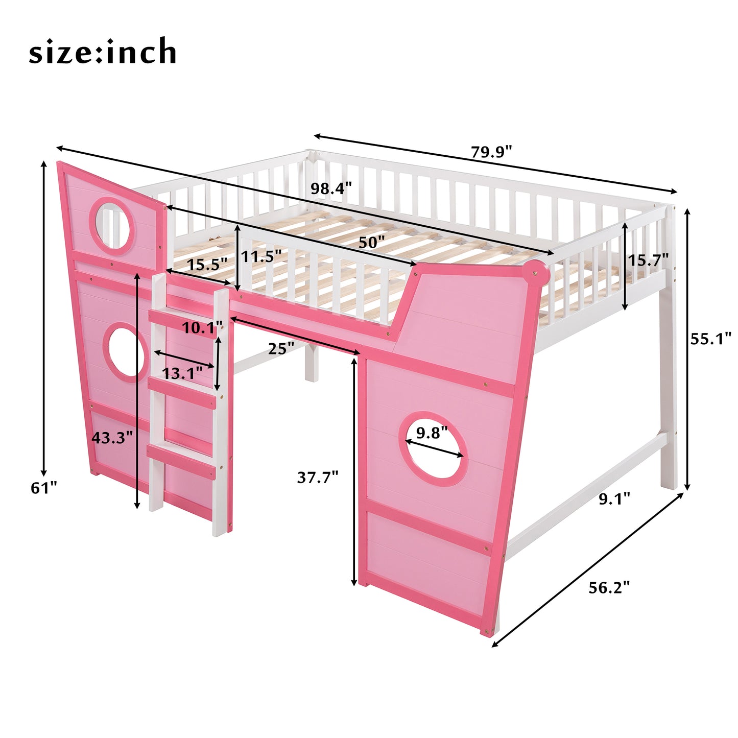 Full Size Boat Shape Loft Bed with Ladder-Pink