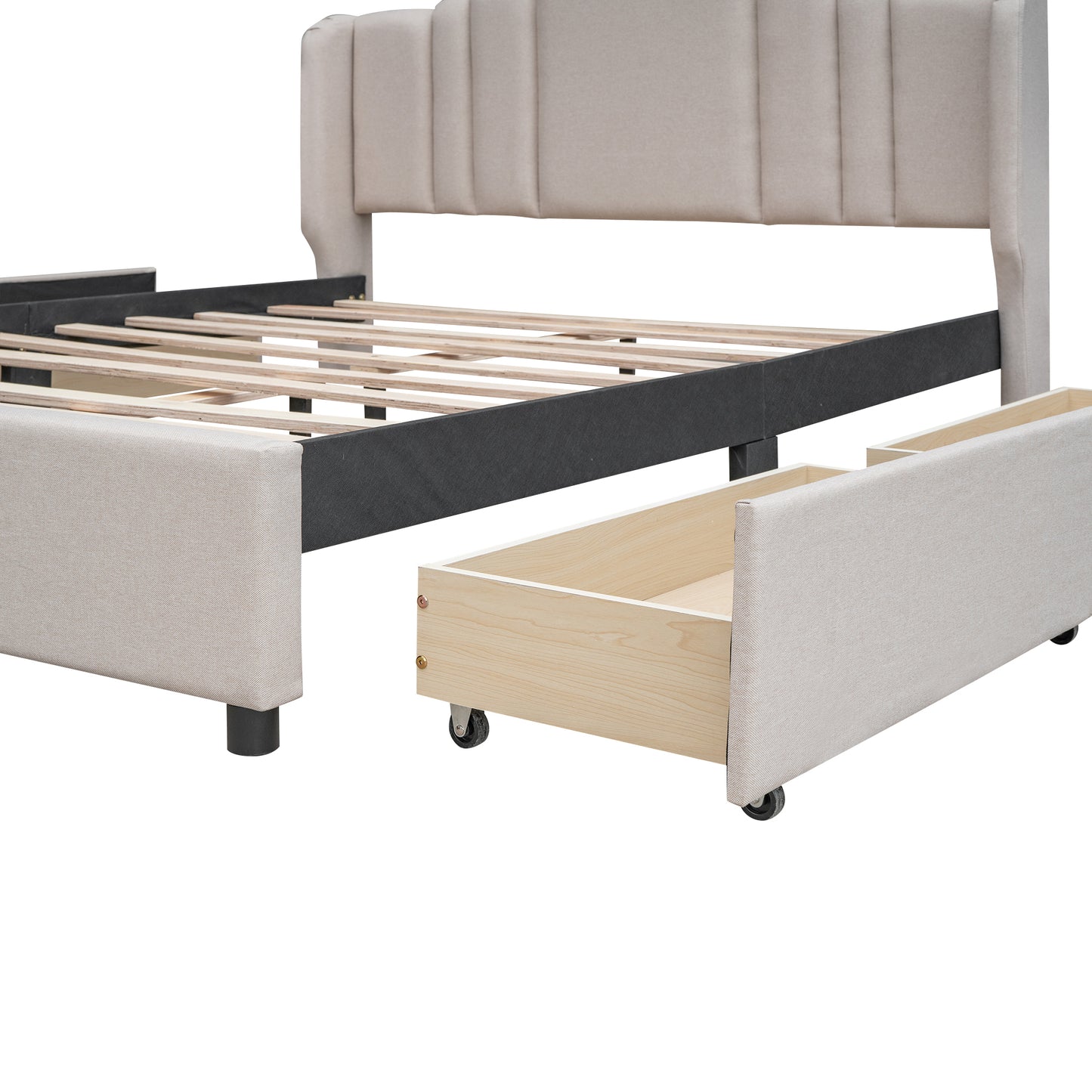 Upholstered Platform Bed with Wingback Headboard and 4 Drawers, No Box Spring Needed, Linen Fabric, Queen Size Beige