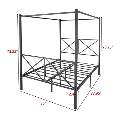 Metal Canopy Bed Frame, Platform Bed Frame  with X Shaped Frame Full Black