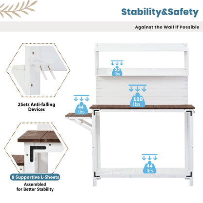 TOPMAX 65inch Garden Wood Workstation Backyard Potting Bench Table with Shelves, Side Hook and Foldable Side Table,White