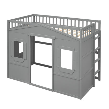 Twin Size House Loft Bed With Ladder-Gray