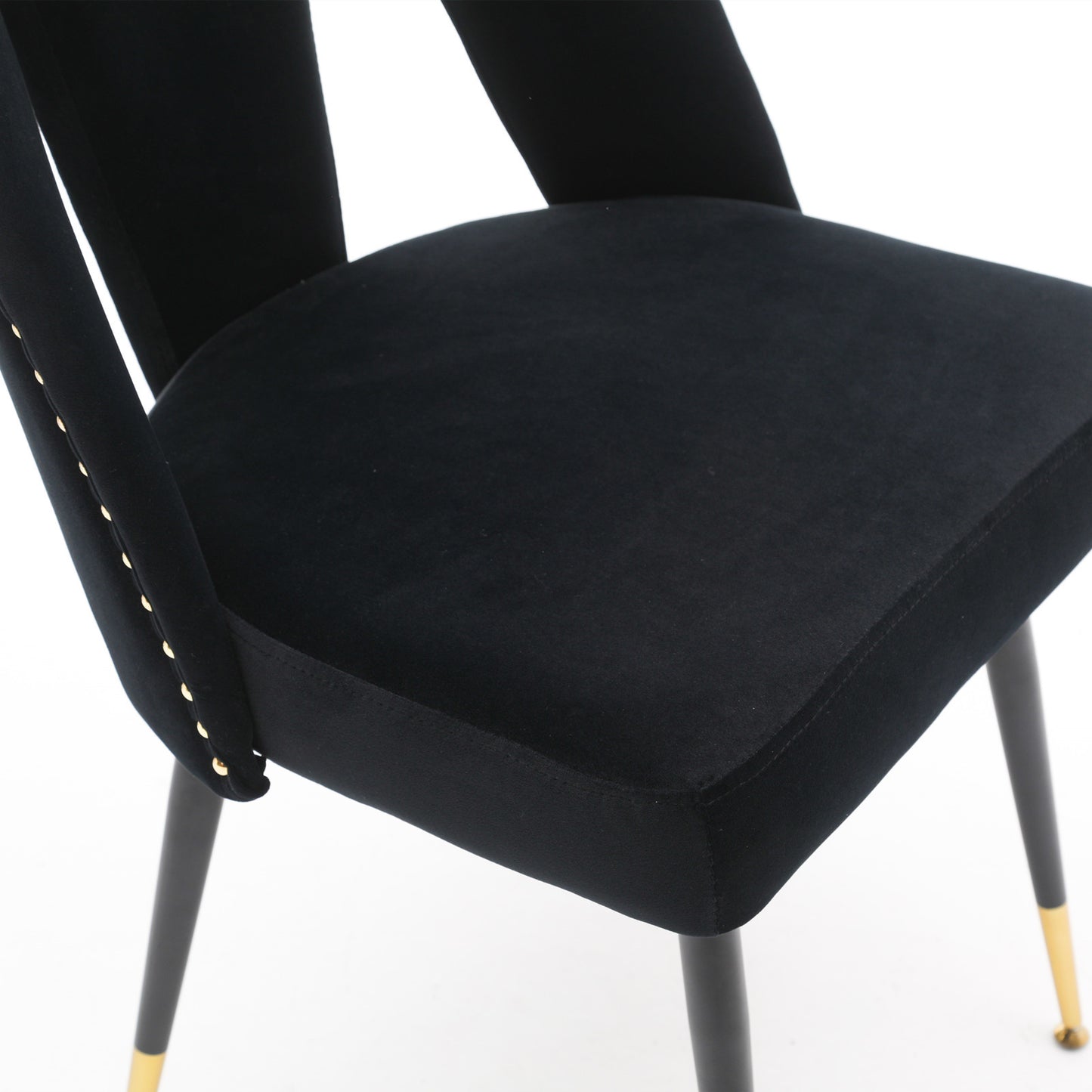 A&A Furniture,Akoya Collection Modern | Contemporary Velvet Upholstered Dining Chair with Nailheads and Gold Tipped Black Metal Legs,Black，Set of 2