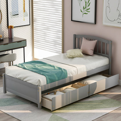 Twin Platform Storage Bed Wood Bed Frame with Two Drawers and Headboard, Gray