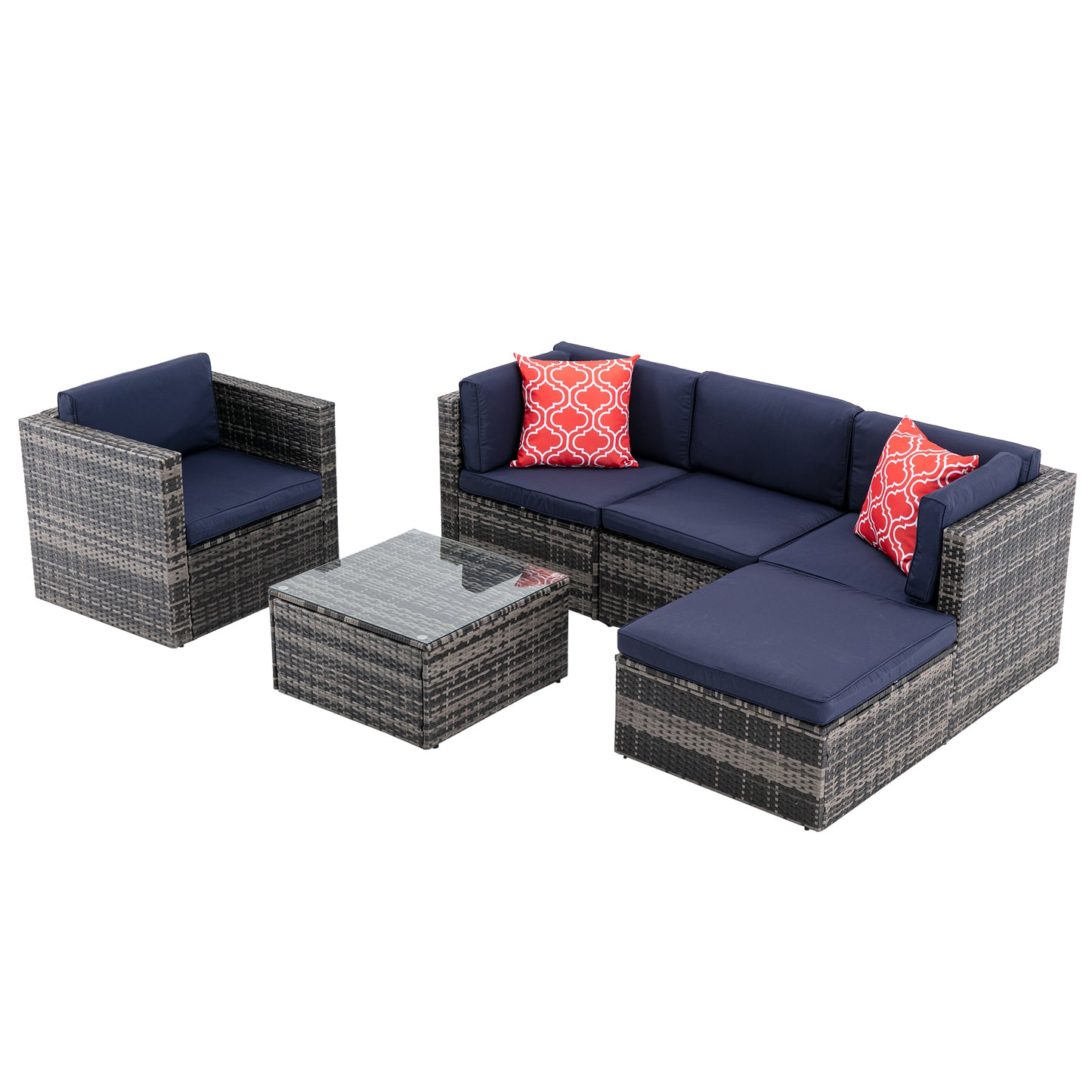 6Pcs Outdoor Garden Patio Furniture  PE Rattan Wicker  Sectional Cushioned Sofa Sets with 2 Pillows and Coffee Table