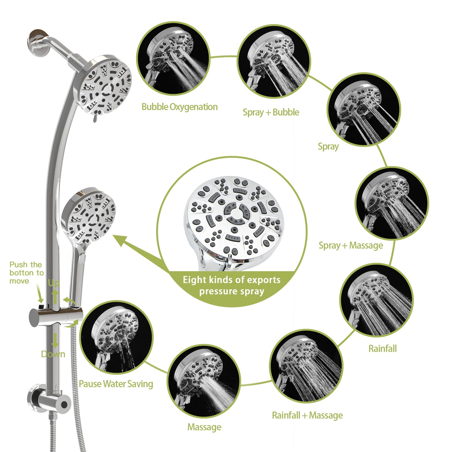 Multi Function Dual Shower Head - Shower System with 4.7" Rain Showerhead, 8-Function Hand Shower, Adjustable Slide Bar,Chrome