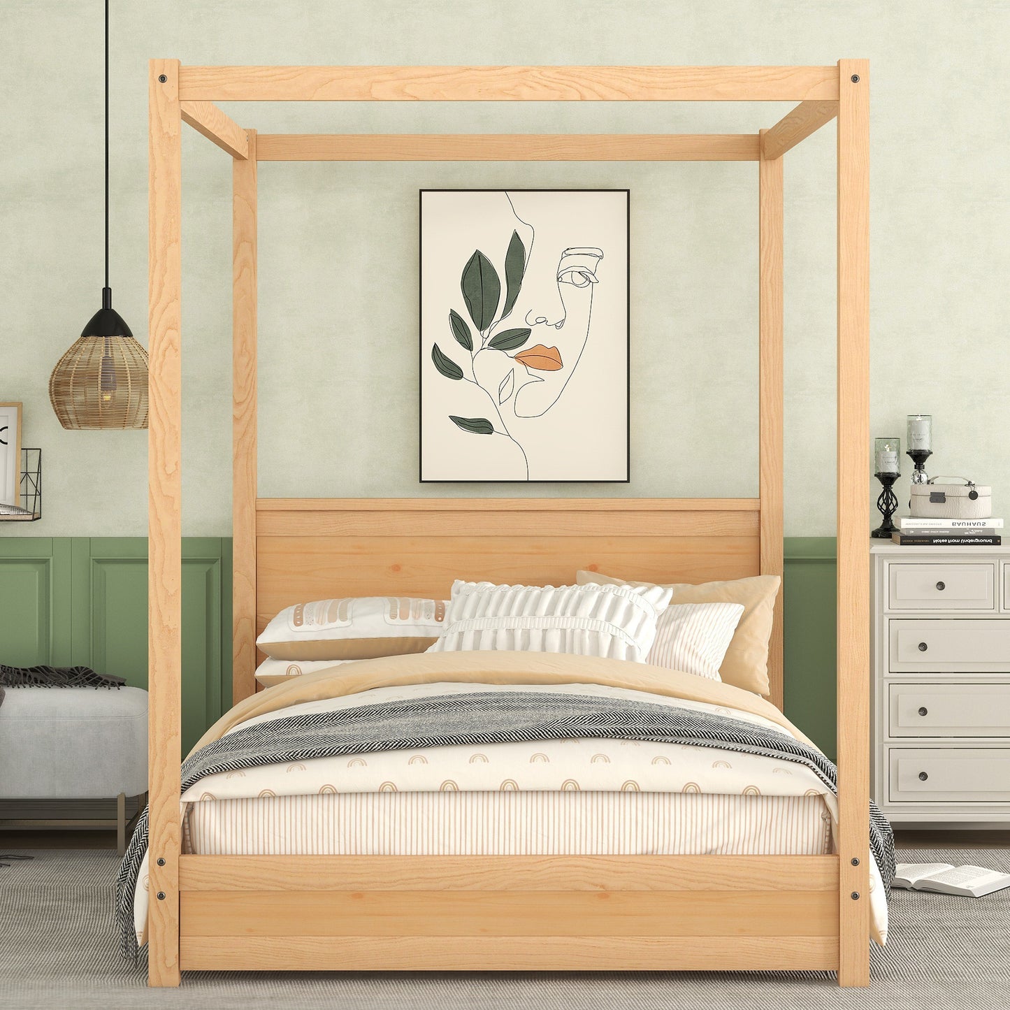 Full Size Canopy Platform Bed with Headboard and Support Legs,Natural