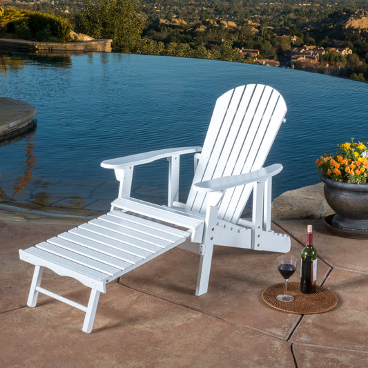Adirondack Chair with Pull Out Footrest, Acacia Wood for Patio Deck Garden, Backyard Furniture, Easy to Install, White
