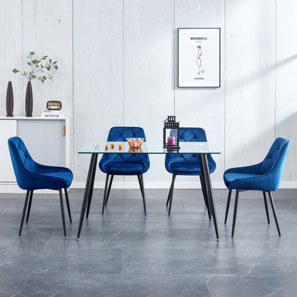 Kitchen Dining Room Metal legs Glass Table Set with 4 pcs blue velvet fabric dining chairs