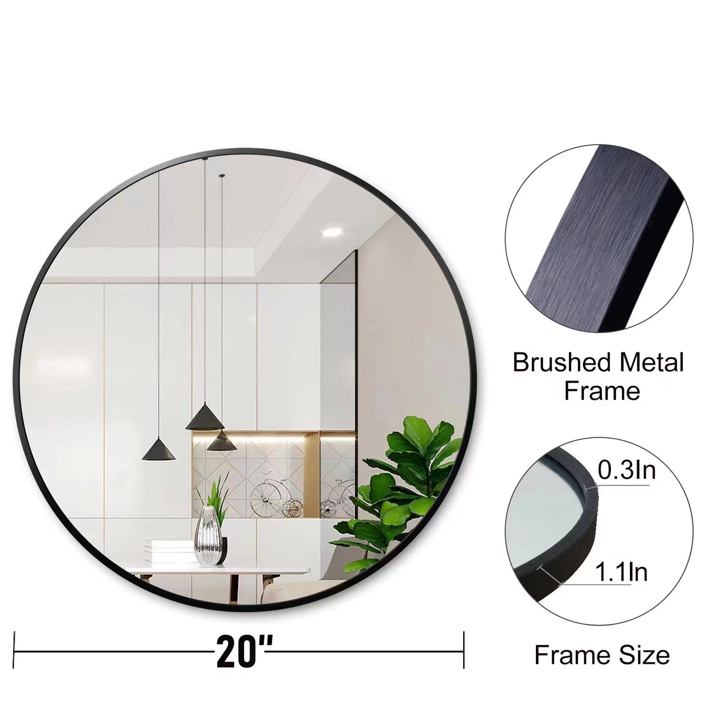 Circle Mirror 20 Inch, Black Round Wall Mirror Suitable for Bedroom, Vanity, Living Room, Bathroom, Entryway Wall Decor and More, Brushed Aluminum Frame Circle Mirrors for Wall