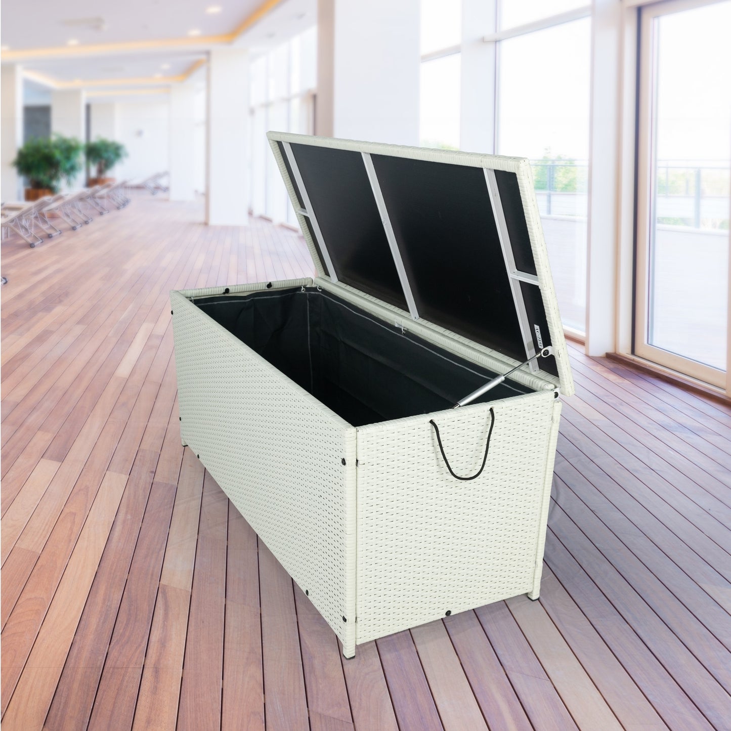 Outdoor Storage Box, 113 Gallon Wicker Patio Deck Boxes with Lid, Outdoor Cushion Storage Container Bin Chest for Kids Toys, Pillows, Towel Creme