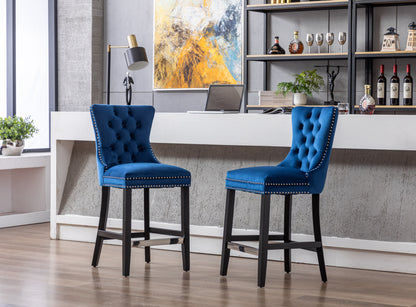 Set of 2 Upholstered Blue Velvet Bar stool with Solid Wood Legs