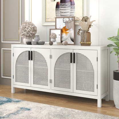 TREXM Large Storage Space Sideboard with Artificial Rattan Door and metal handles for Living Room and Entryway (White)