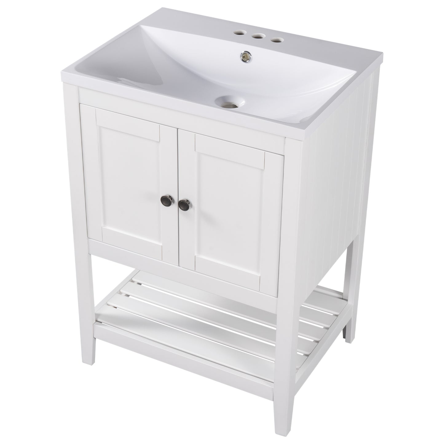 [VIDEO] 24" White Modern Sleek Bathroom Vanity Elegant Ceramic Sink with Solid Wood Frame Open Style Shelf (OLD SKU: JL000001AAK)