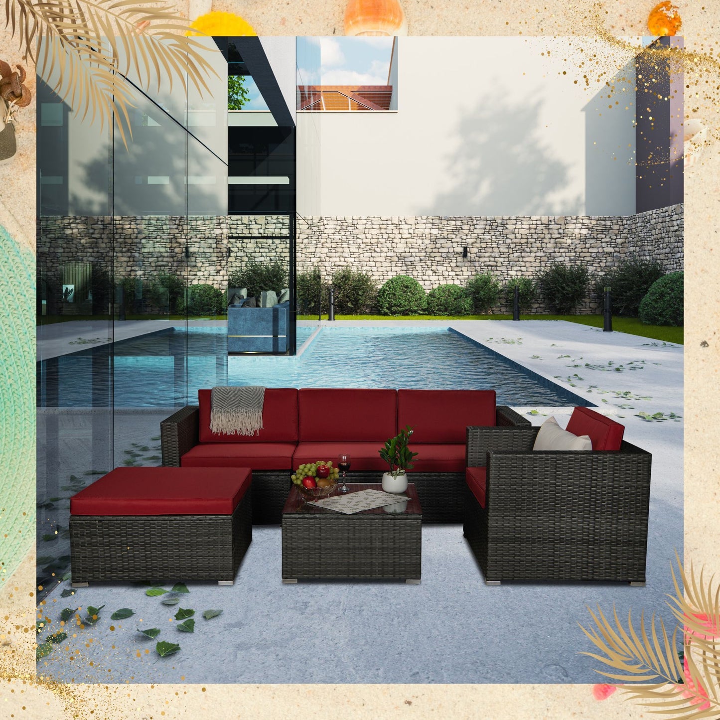 Outdoor Garden Patio Furniture 6-Piece Gray PE Rattan Wicker Sectional Red Cushioned Sofa Sets with 1 Beige Pillow