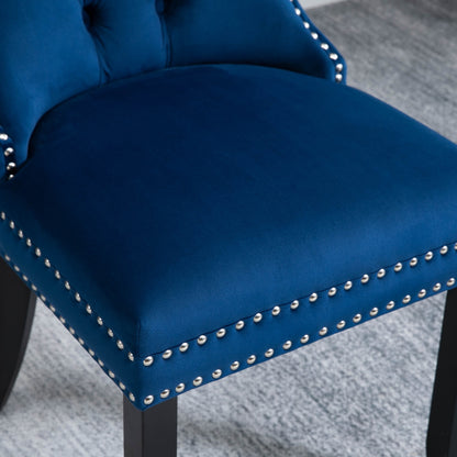 Upholstered Button Tufted Back Blue Velvet Dining Chair with Nailhead Trim and Solid Wood Legs 2 Sets