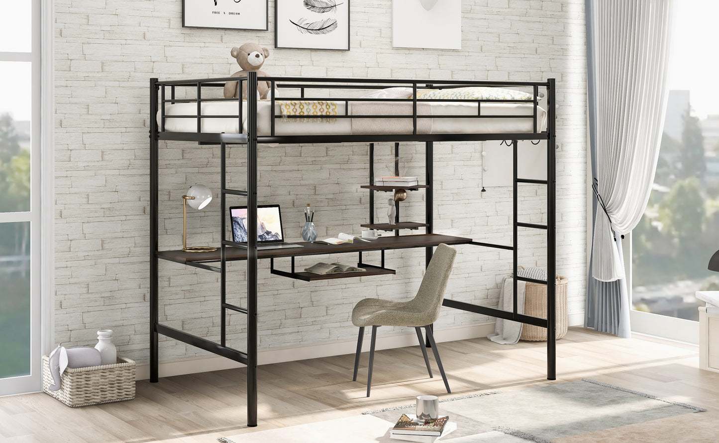 Loft Bed with Desk and Shelf , Space Saving Design,Full,Black（OLD SKU:MF199506AAB）