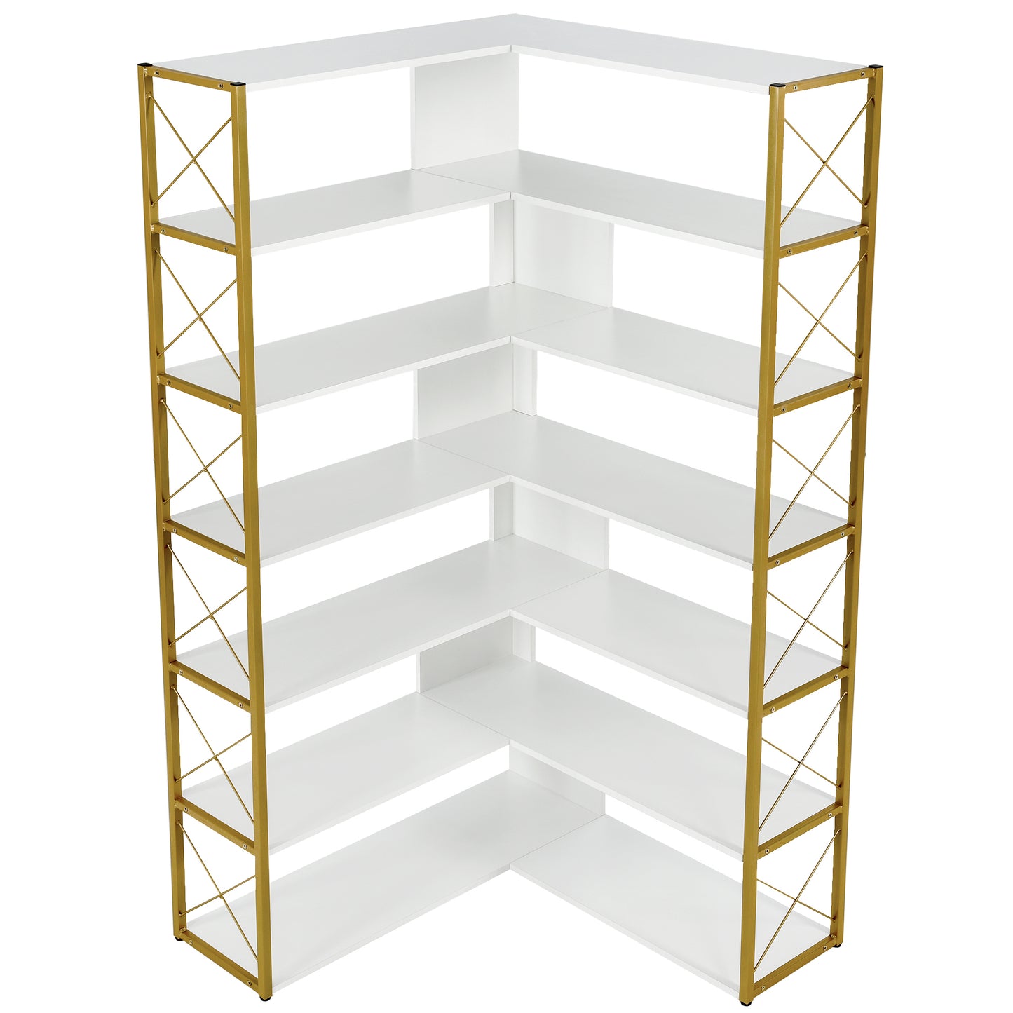 Golden+White 7-Tier Bookcase Home Office Bookshelf,  L-Shaped Corner Bookcase with Metal Frame, Industrial Style Shelf with Open Storage, MDF Board