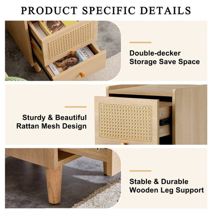 Modern simple storage cabinet MDF Board bedside cabinet Japanese rattan bedside cabinet Small household furniture bedside table.Applicable to dressing table in bedroom, porch, living room.2 Drawers