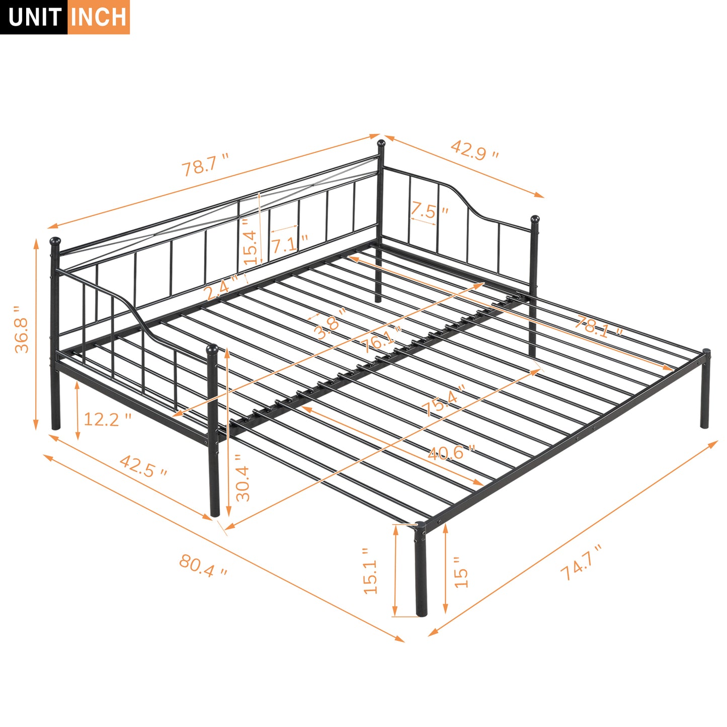 Twin Size Metal Daybed with Trundle, Daybed with Slat No Box required Black