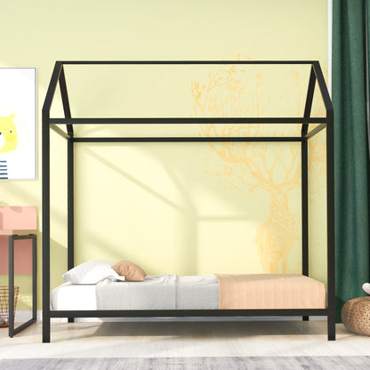 House Bed Frame Twin Size , Kids Bed Frame Metal  Platform Bed  Floor Bed for Kids Boys Girls No Box Spring Needed Black