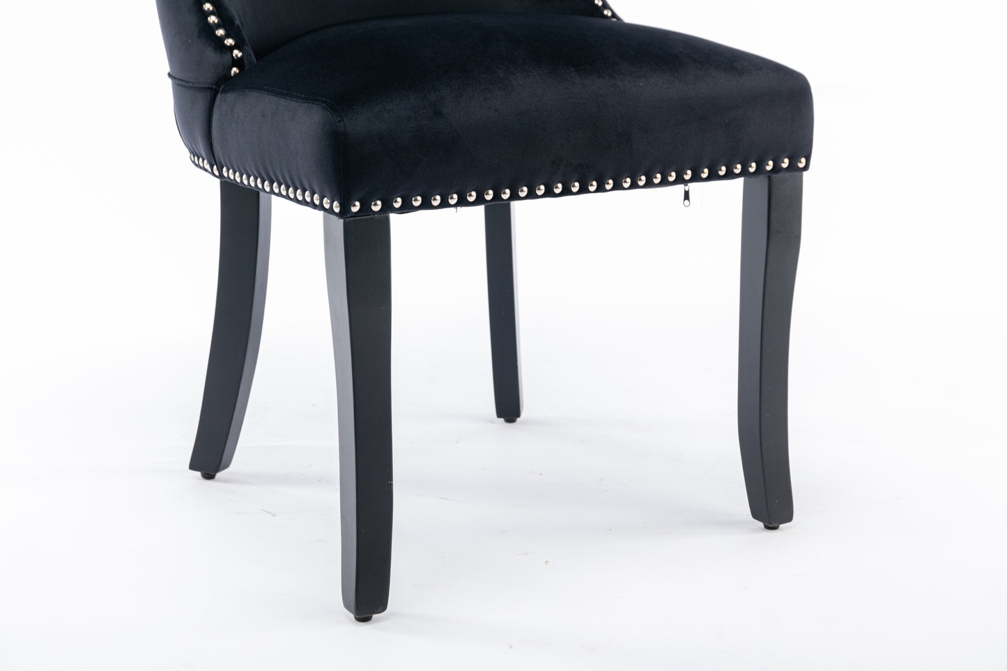 Set of 2 Black Velvet upholstered wing-back dining chair with backstitching nailhead trim and solid wood legs