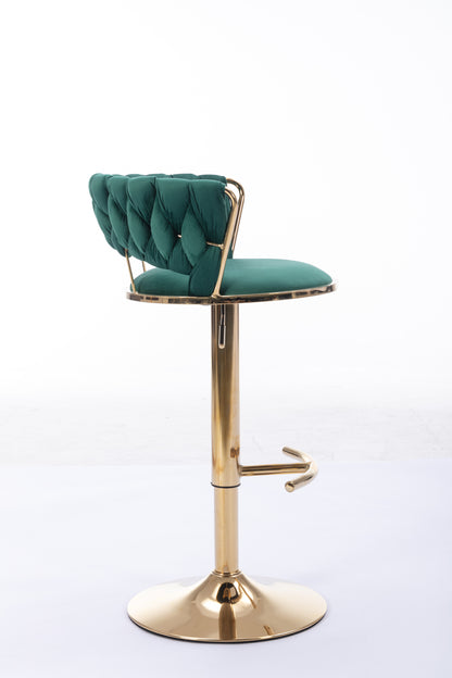 Set of 2  Bar Stools,with Chrome Footrest and Base Swivel Height Adjustable Mechanical Lifting Velvet + Golden Leg Simple Bar Stool-Green