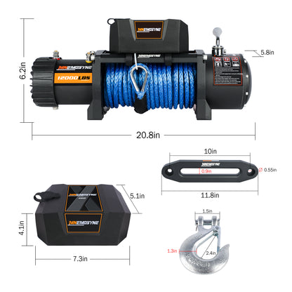 MNEMOSYNE 12000LBS SYNTHETIC ROPE WINCH. Load Capacity Electric Winch Kit,Waterproof IP67 Electric Winch with Hawse Fairlead, with Wireless Handheld Remote and Corded Control Recove