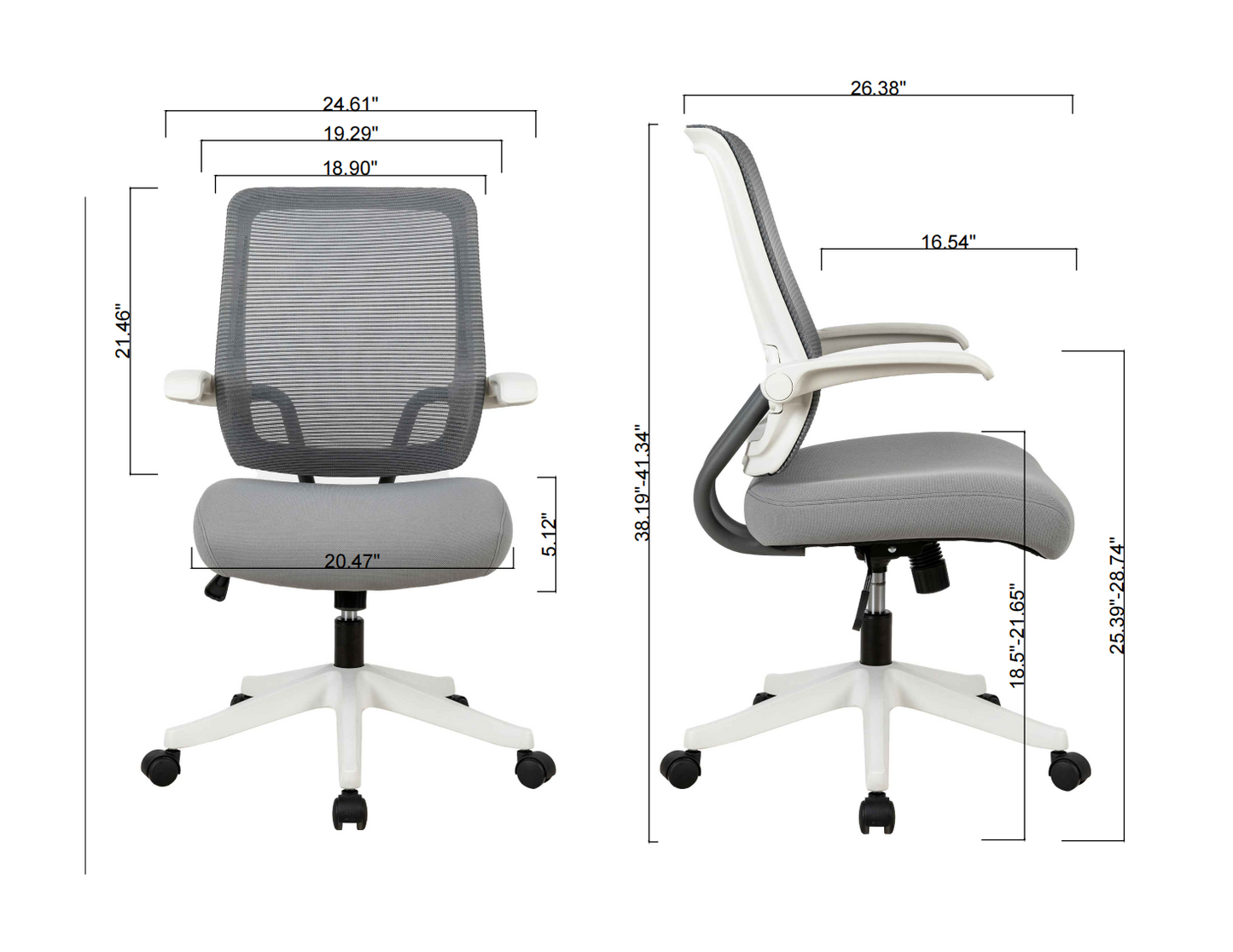 Mid-mesh task chair with flip up arms and tilt function MAX 105 °，300LBS，Grey with white frame