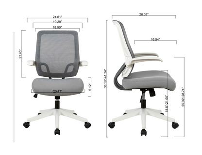 Mid-mesh task chair with flip up arms and tilt function MAX 105 °，300LBS，Grey with white frame